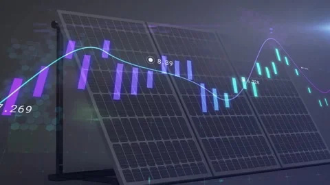 Data pulse starting overlay on tilted solar array, bars falling then rising to Stock Footage 331833484