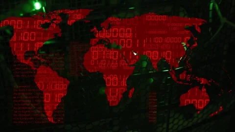 Data pulse starting, red map animating, binary code shifting, green LEDs pulsing Stock Footage 334881762