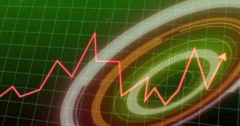 Data pulse starting red trendline sweeping green grid, crossing rings, ending at Stock Illustration