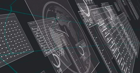 Data pulse starting rotation HUD panels and globe rotating, flashing hotspot Stock Footage 329931268