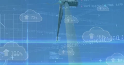 Data pulse starting turbine, camera tilting as it rotating and cloud icons Stock Footage 330563788