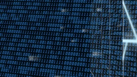 Data pulses arriving, blue binary matrix pulsing clusters, sliding schematic Stock-Footage 335739762