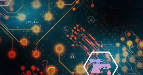 Data pulses sparking orange glow, network shifting, nodes pulsing, numbers Stock Footage 327803353