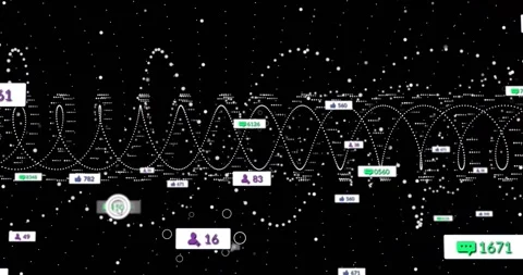 Data pulsing along dotted waveform spawning floating badges, showing counts for Stock Footage 329784897