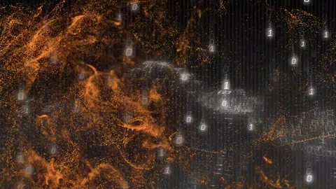 Data pulsing left orange cloud shedding strands as right white binary grid Stock Footage 328307156