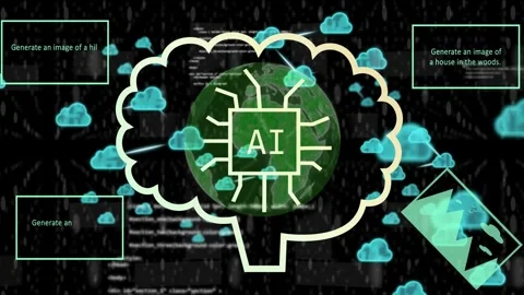 Data rain causing globe fade, AI chip in brain sending lines, prompts spawning, Stock Footage 335761779