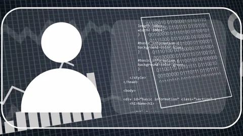 Data readouts showing, white avatar moving left while charts and code animating Stockbeeldmateriaal 334338058