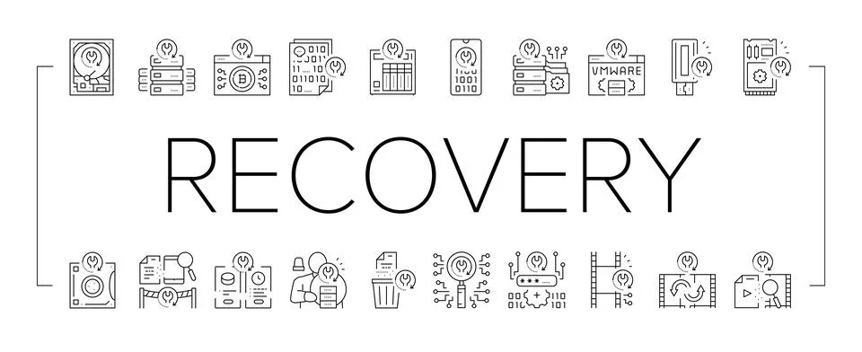 Data Recovery Computer Processing Icons Set Vector . Stock Illustration
