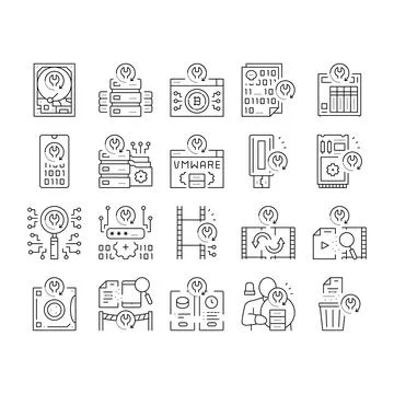 Data Recovery Computer Processing Icons Set Vector . Stock Illustration