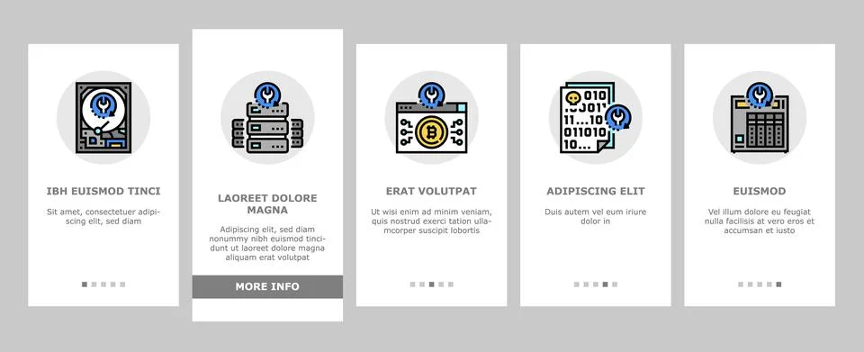 Data Recovery Computer Processing Onboarding Icons Set Vector Illustrazione stock