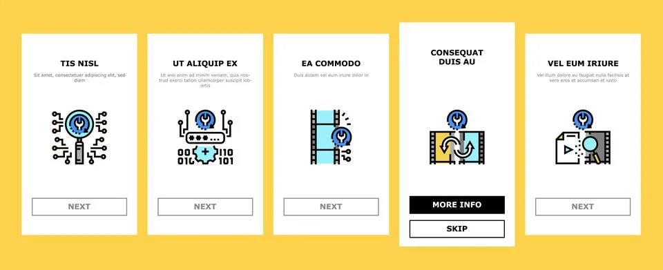 Data Recovery Computer Processing Onboarding Icons Set Vector Illustrazione stock