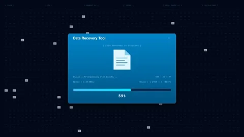 Data recovery tool interface scanning disk progress animation. 4K Video stock 348234641