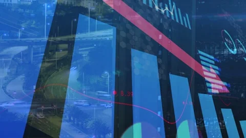 On data refresh blue vertical bars shifting and pulsing while red arrow 動画素材 334768603