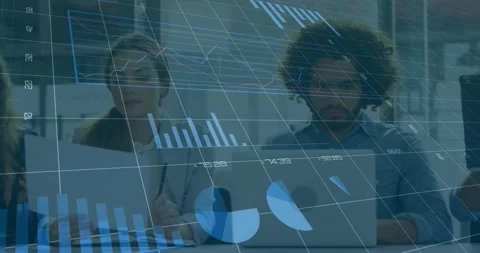 On data refresh colleagues typing on laptops while translucent 3D charts Stock Footage 333833157