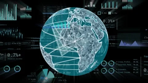 On data refresh holographic globe rotating and forming wireframe network while 動画素材 335212004