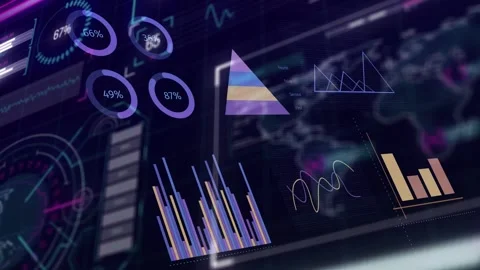On data refresh, holographic UI updating gauges, bars rising, pyramid shifting, 動画素材 335739357