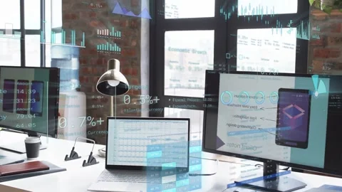 On data refresh teal analytics animating over desk while percentages updating to 動画素材 335761653