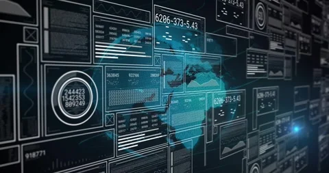 On data refresh teal dotted globe shifting right while panels sliding, updating Stock Footage 320651980