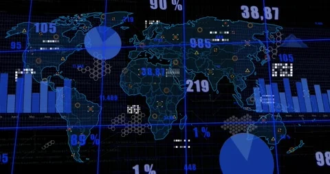 On data refresh, world map updating and animating charts and markers, showing Stockbeeldmateriaal 329870901