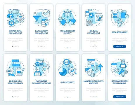 Data regulation process blue onboarding mobile app screen set Stockillustratie