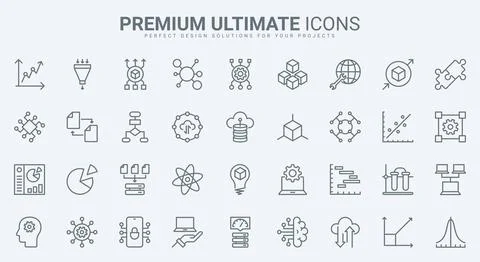 Data report and science model research, deep analysis with AI thin line icons Stockillustratie