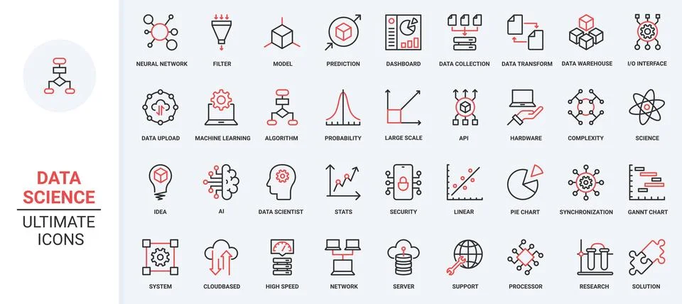 Data report and science model research, deep analysis with AI red black thin 库存插图