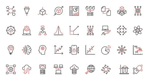 Data report and science model research, deep analysis with AI red black thin 库存插图