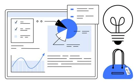 Data report with charts, lightbulb for innovative ideas, handbag representing Stock Illustration