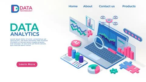 Data report landing page. Digital business infographic with 3D chart. Finan.. Illustrazione stock