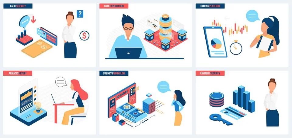 Data research and analysis, buisness process, payment protection set and tiny Stock Illustration