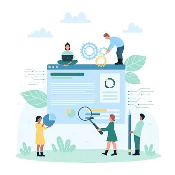 Data research and financial analytics, tiny people study document with 스톡 일러스트