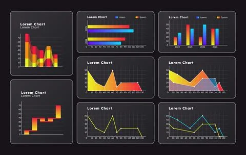Data researching methods graph ux dashboard dark set Stockillustratie