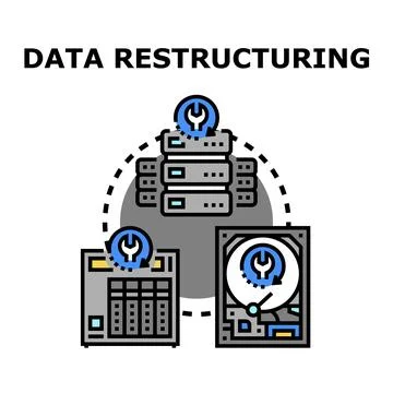 Data restructuring process with servers and hard drive Illustrazione stock