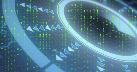 Data ring rotating while neon binary digits falling and triangles shifting to Stock Footage 328685193