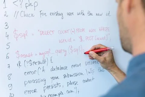 Data safety and programming education concept - man writing php code on white Foto stock