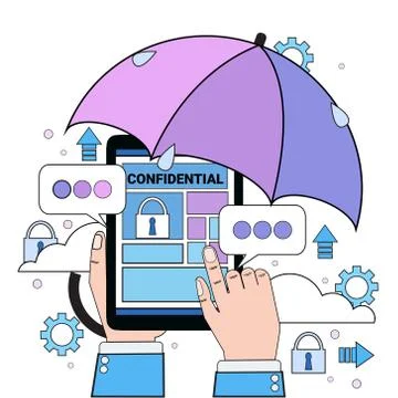 Data safety cloud hand hold tablet padlock umbrella over synchronization General 스톡 일러스트