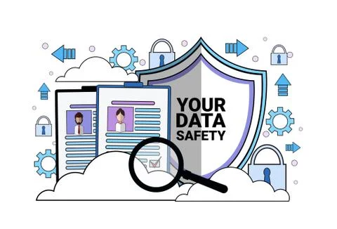 Data safety cloud portfolio shield tablet padlock over synchronization General Stock Illustration