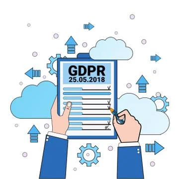 Data safety cloud shield hands hold checklist over synchronization General Data Illustrazione stock