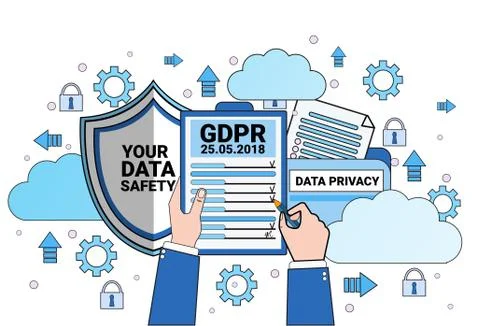Data safety cloud shield hands hold checklist over synchronization General Data 스톡 일러스트