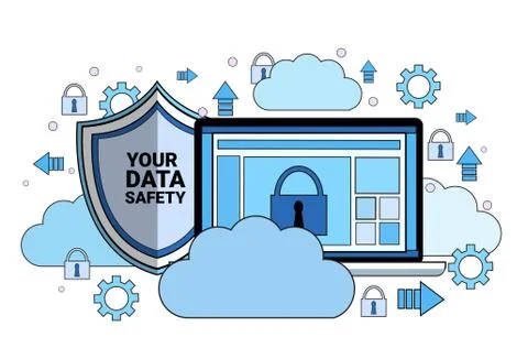 Data safety cloud shield tablet padlock over synchronization General Data Illustrazione stock