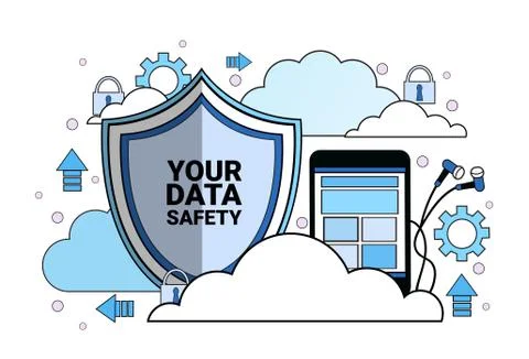 Data safety cloud shield tablet padlock over synchronization General Data 스톡 일러스트