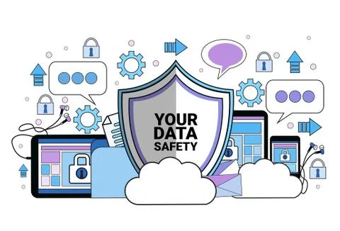 Data safety cloud shield tablet padlock over synchronization General Data 스톡 일러스트