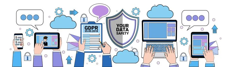Data safety cloud shield tablet padlock over synchronization General Data Illustrazione stock