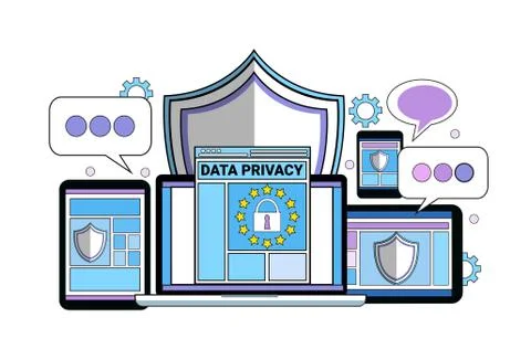 Data safety cloud shield tablet padlock over synchronization General Data Stock Illustration