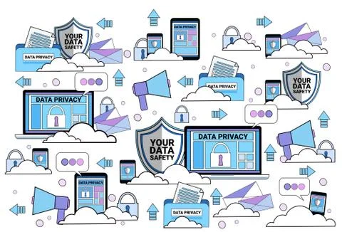 Data safety cloud shield tablet padlock over synchronization General Data Illustrazione stock