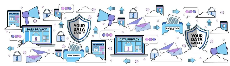 Data safety cloud shield tablet padlock over synchronization General Data 스톡 일러스트