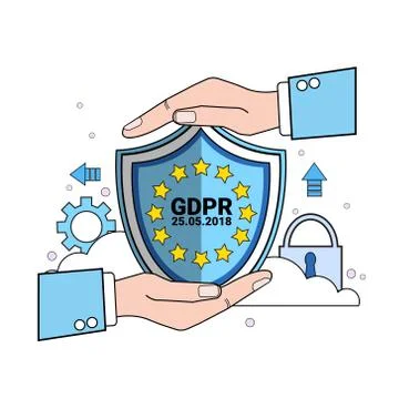 Data safety padlock shield protects palms over synchronization General Data Stock Illustration