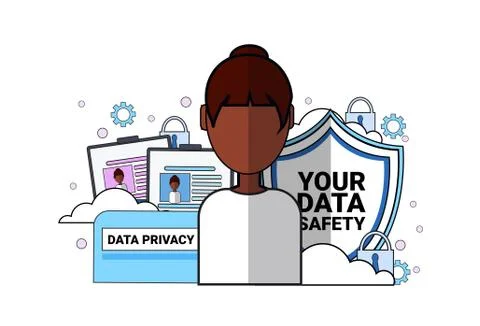 Data safety shield support agent african woman portrait over synchronization Illustrazione stock