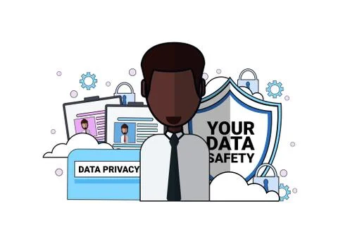 Data safety shield support agent african man portrait over synchronization Stock Illustration