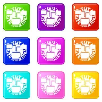 Data save shield icons set 9 color collection Illustrazione stock